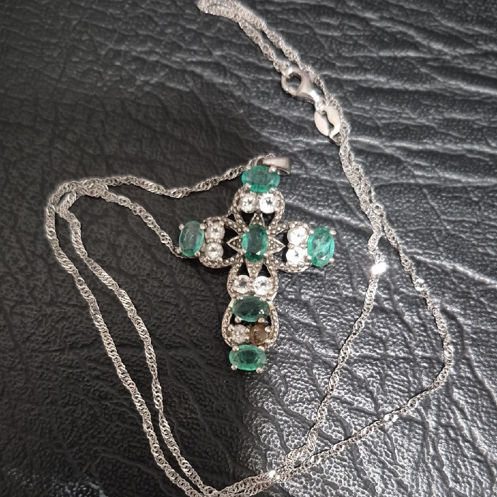 Sterling Silver Cross With Emeralds, And Chain. 18"